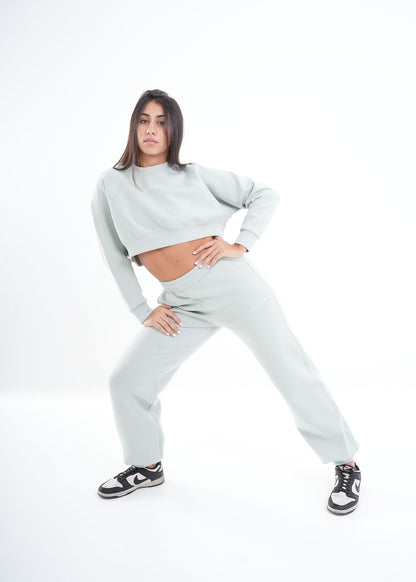 Women's VAN MILE VNML Two-Piece Crop Set in Mint Green – full-length, wide-stance pose