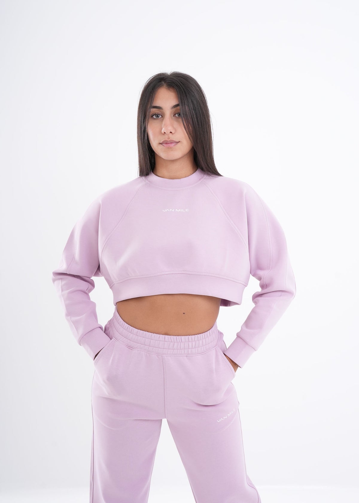 Women's VAN MILE VNML Two-Piece Crop Set in Pink – cropped sweatshirt, front view