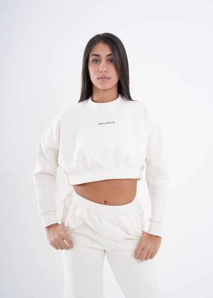 Women's VAN MILE VNML Two-Piece Crop Set in Off White – cropped sweatshirt, front view