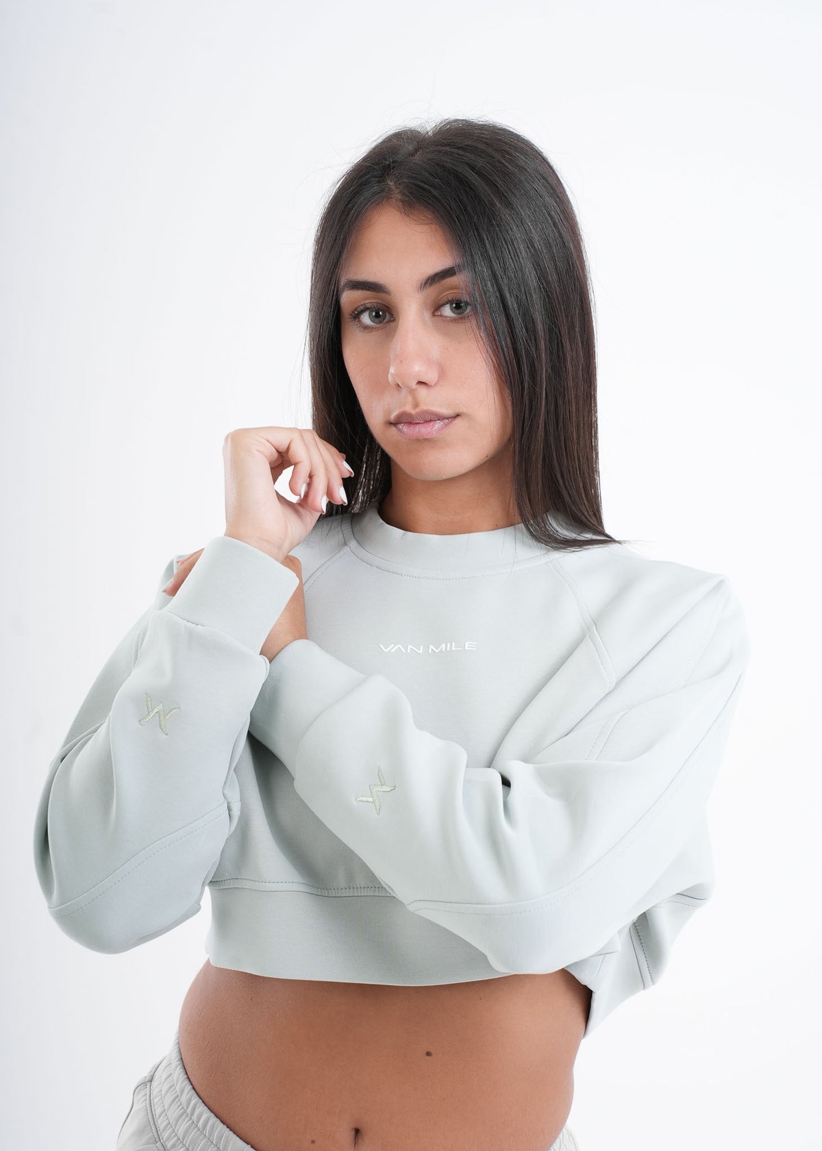 Women's VAN MILE VNML Two-Piece Crop Set in Mint Green – cropped sweatshirt, close-up