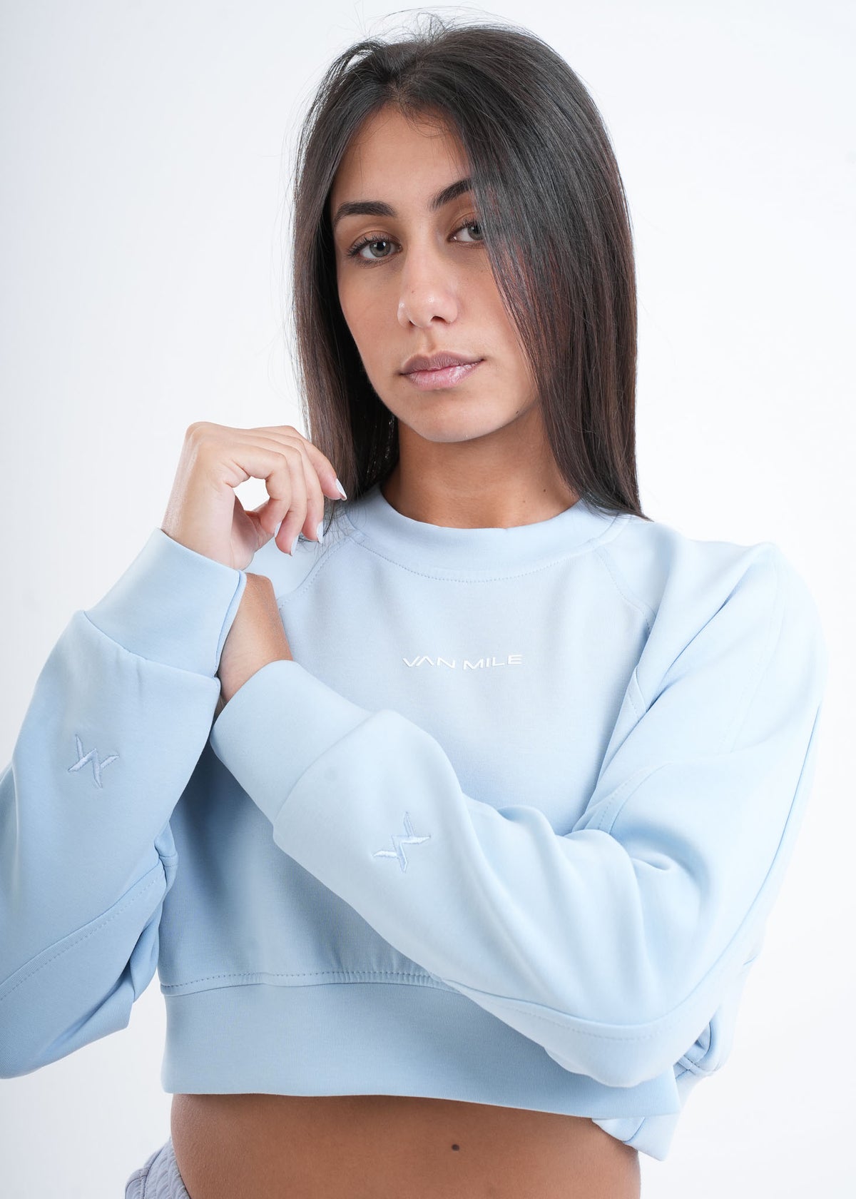 Women's VAN MILE VNML Two-Piece Crop Set in Baby Blue – cropped sweatshirt, close-up