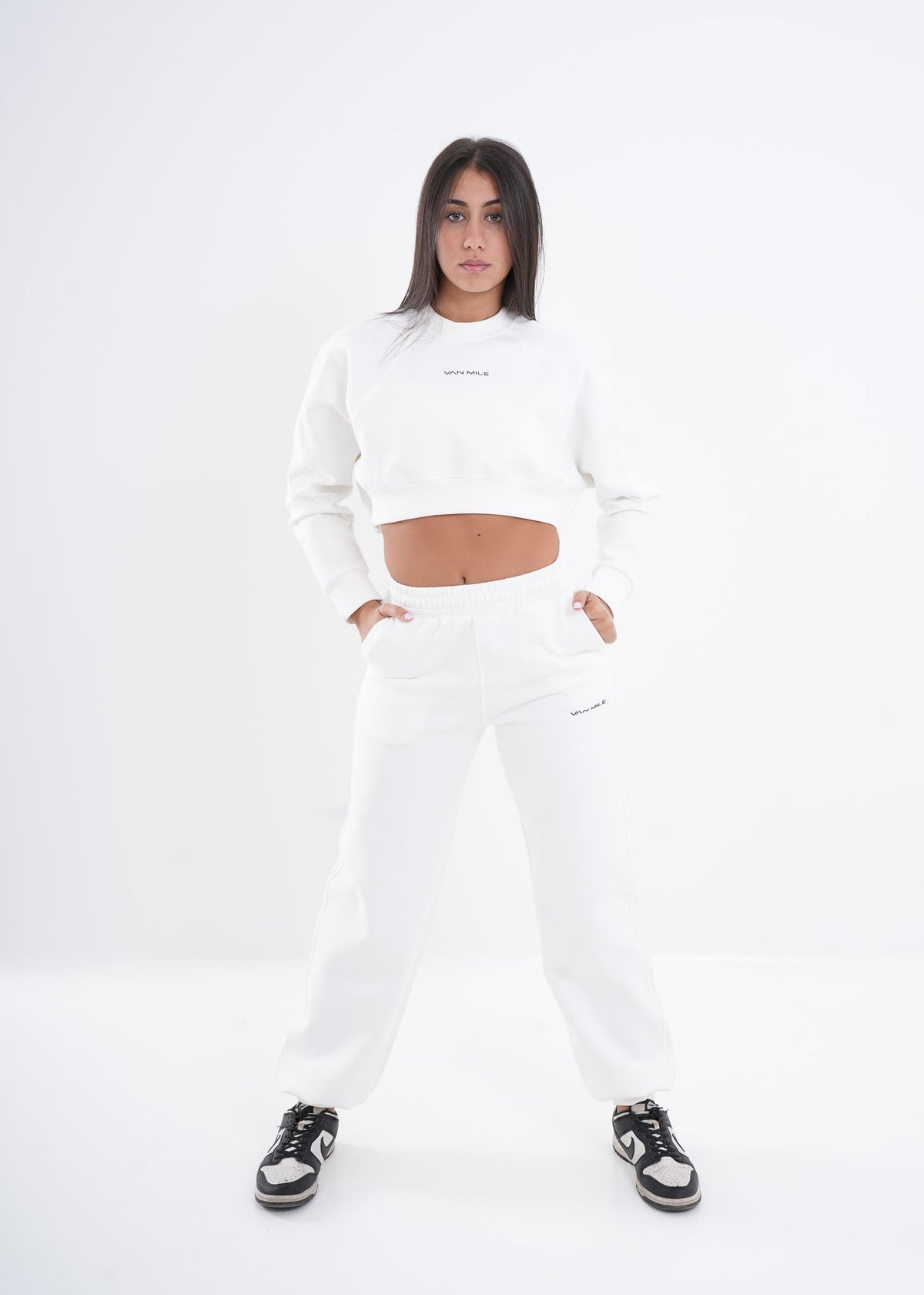 Women's VAN MILE VNML Two-Piece Crop Set in White – full-length front view, hands in pockets