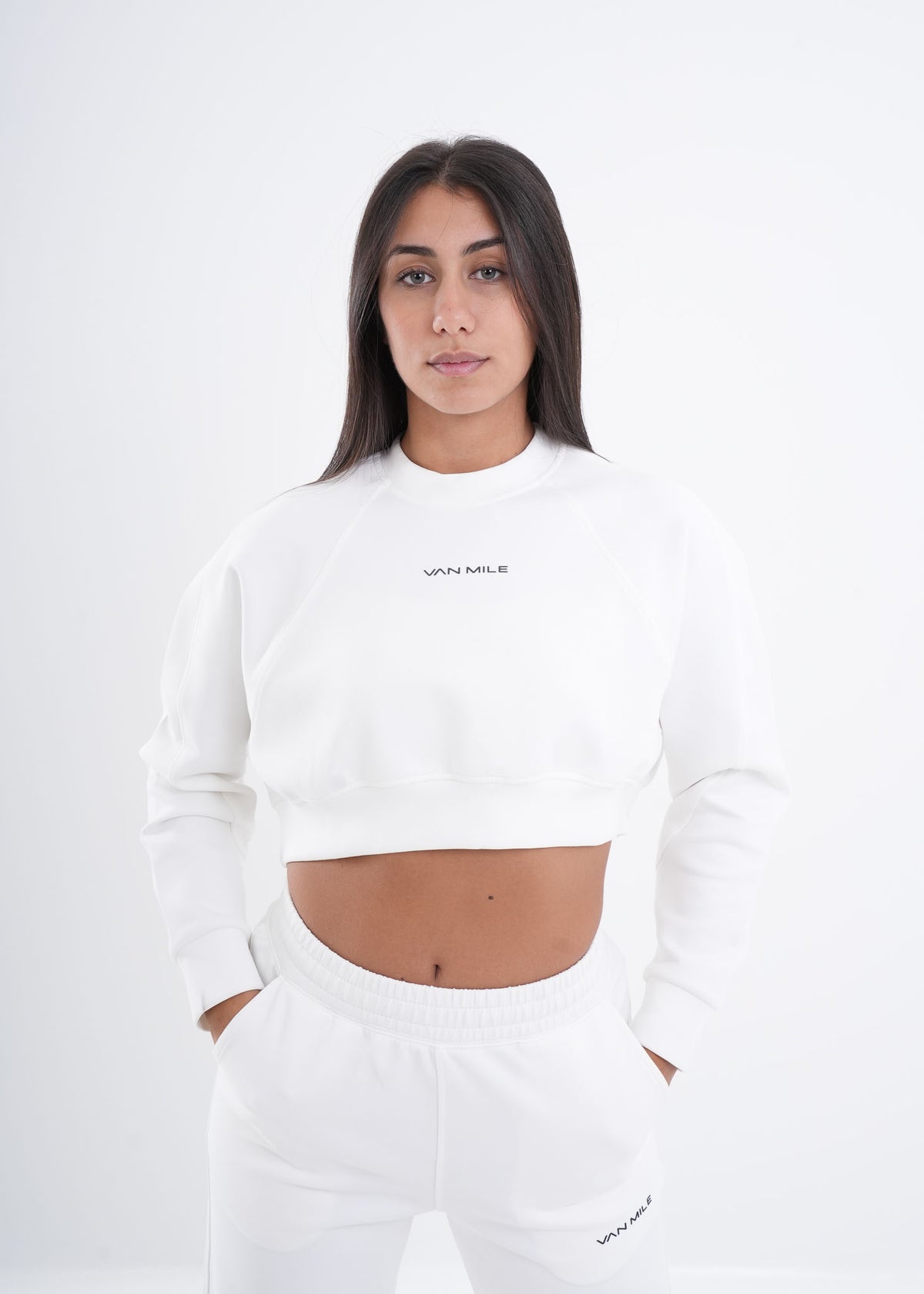 Women's VAN MILE VNML Two-Piece Crop Set in White – cropped sweatshirt, front view