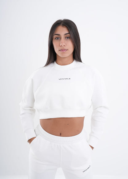 Women's VAN MILE VNML Two-Piece Crop Set in White – cropped sweatshirt, front view