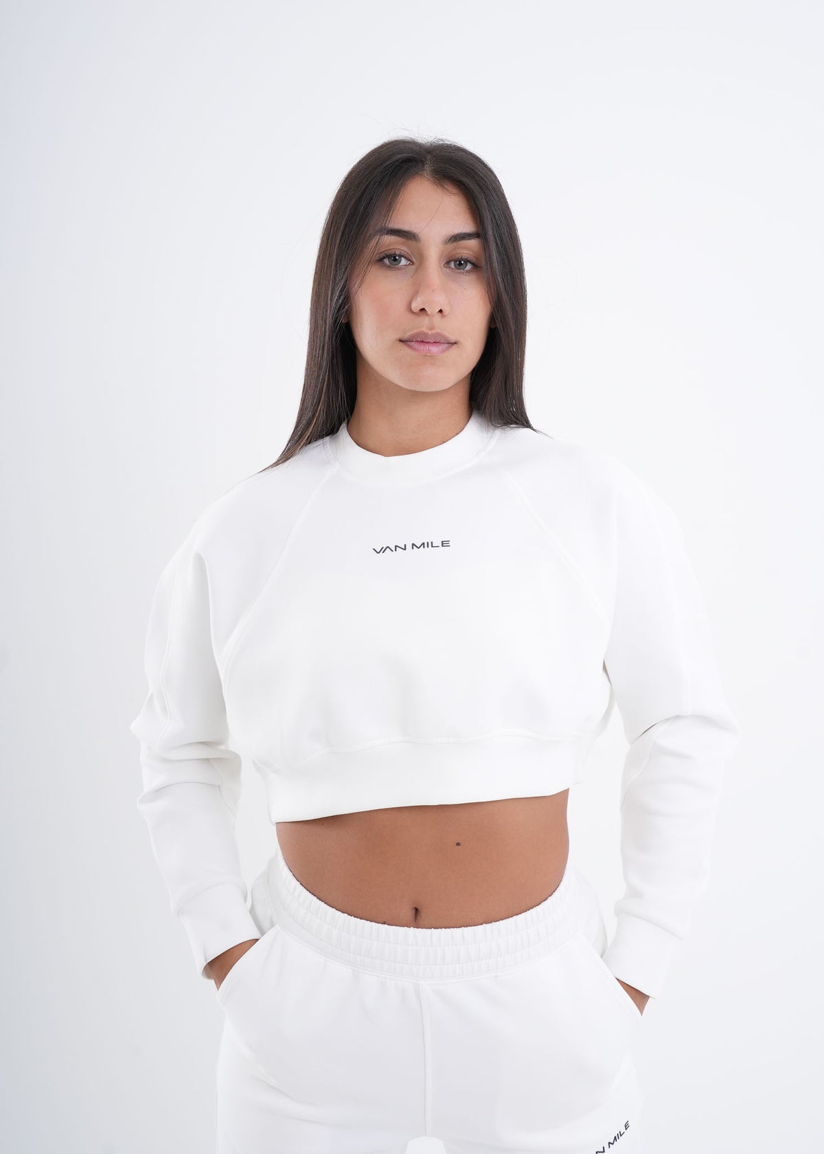 Women's VAN MILE VNML Two-Piece Crop Set in White – front view, waist up