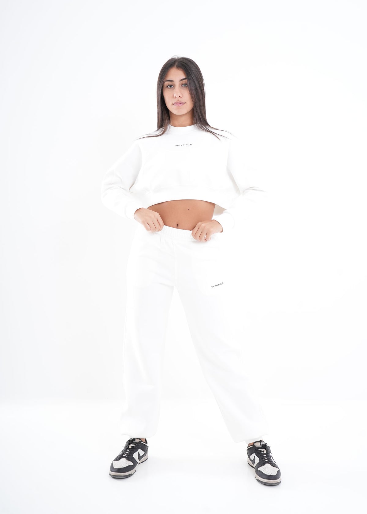 Women's VAN MILE VNML Two-Piece Crop Set in White – full-length front view, hands on hips