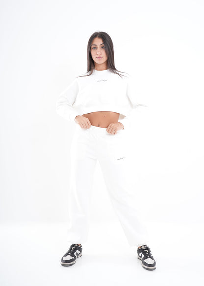 Women's VAN MILE VNML Two-Piece Crop Set in White – full-length front view, hands on hips