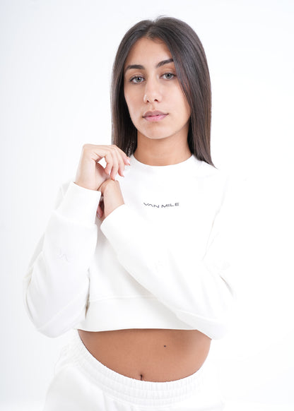 Women's VAN MILE VNML Two-Piece Crop Set in White – cropped sweatshirt, close-up