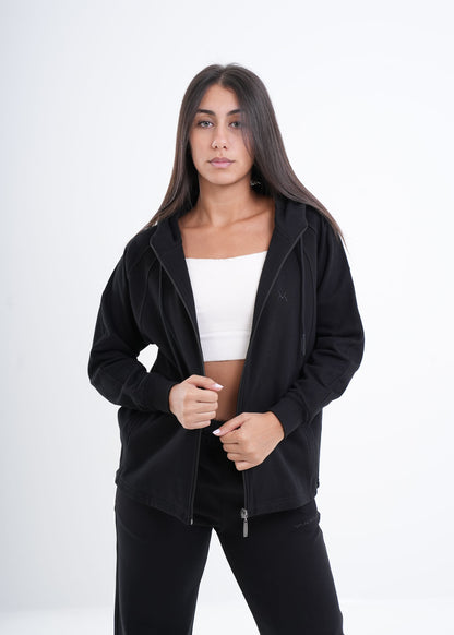 Women's VAN MILE VNML Zip Through Hoodie in Black – front view, worn open