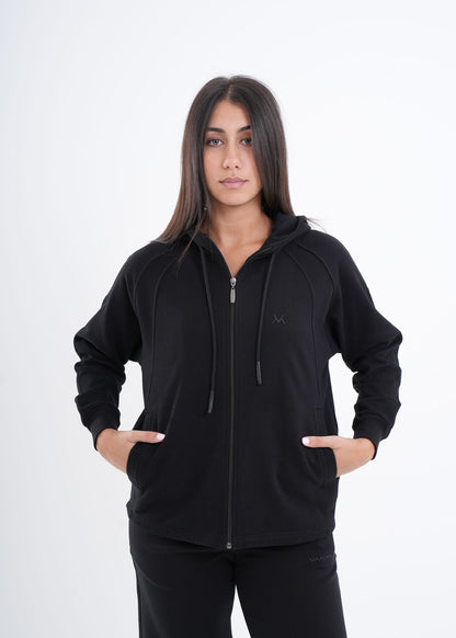 Women's VAN MILE VNML Zip Through Hoodie in Black – front view, hands in pockets