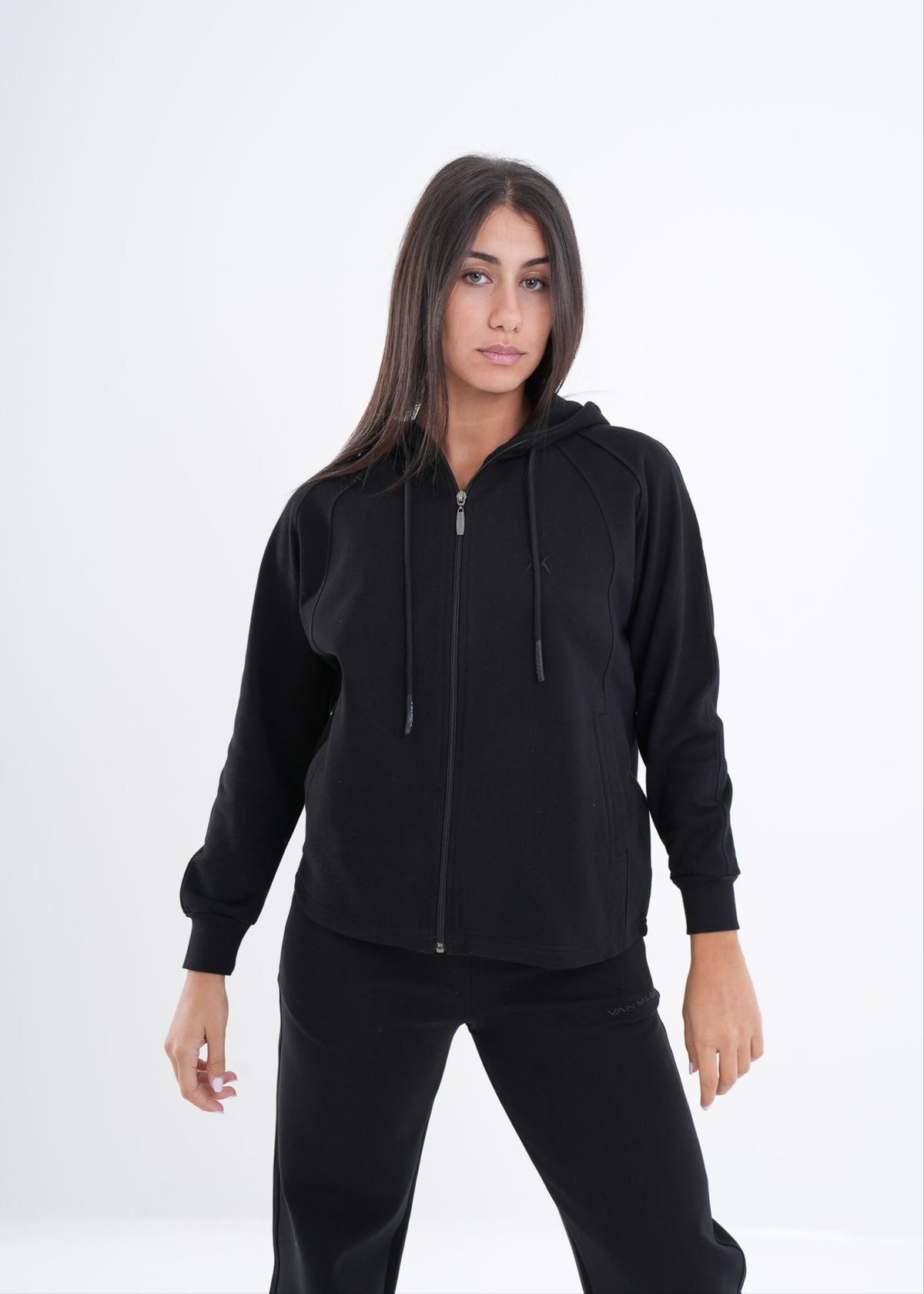 Women's VAN MILE VNML Zip Through Hoodie in Black – front view, zipped