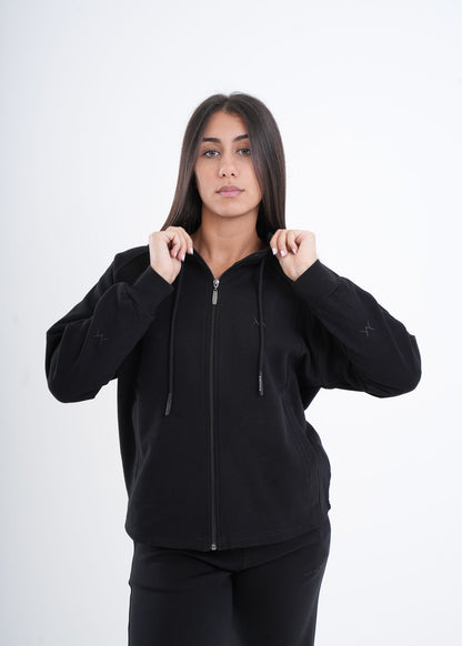 Women's VAN MILE VNML Zip Through Hoodie in Black – front view, holding the hood