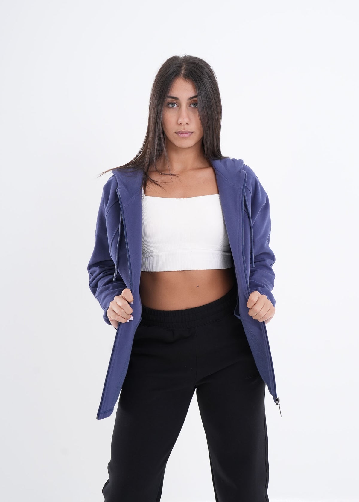 Women's VAN MILE VNML Zip Through Hoodie in Galaxy Blue – front view, worn open