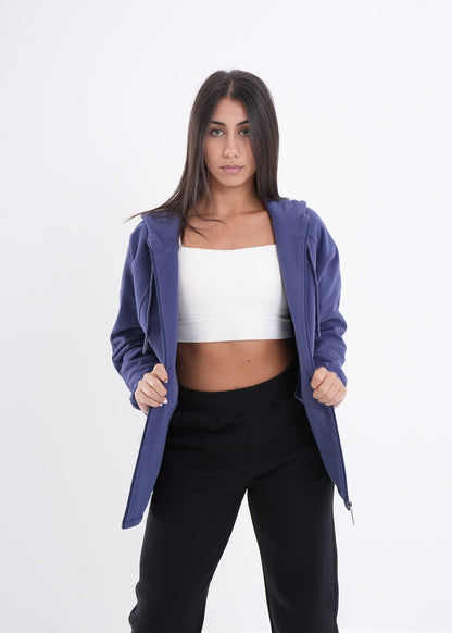 Women's VAN MILE VNML Zip Through Hoodie in Galaxy Blue – front view, worn open