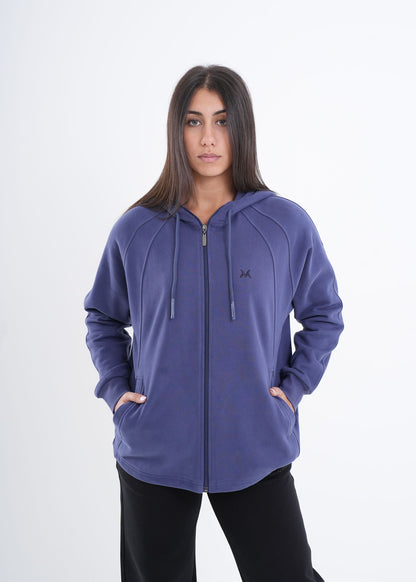 Women's VAN MILE VNML Zip Through Hoodie in Galaxy Blue – front view, hands in pockets