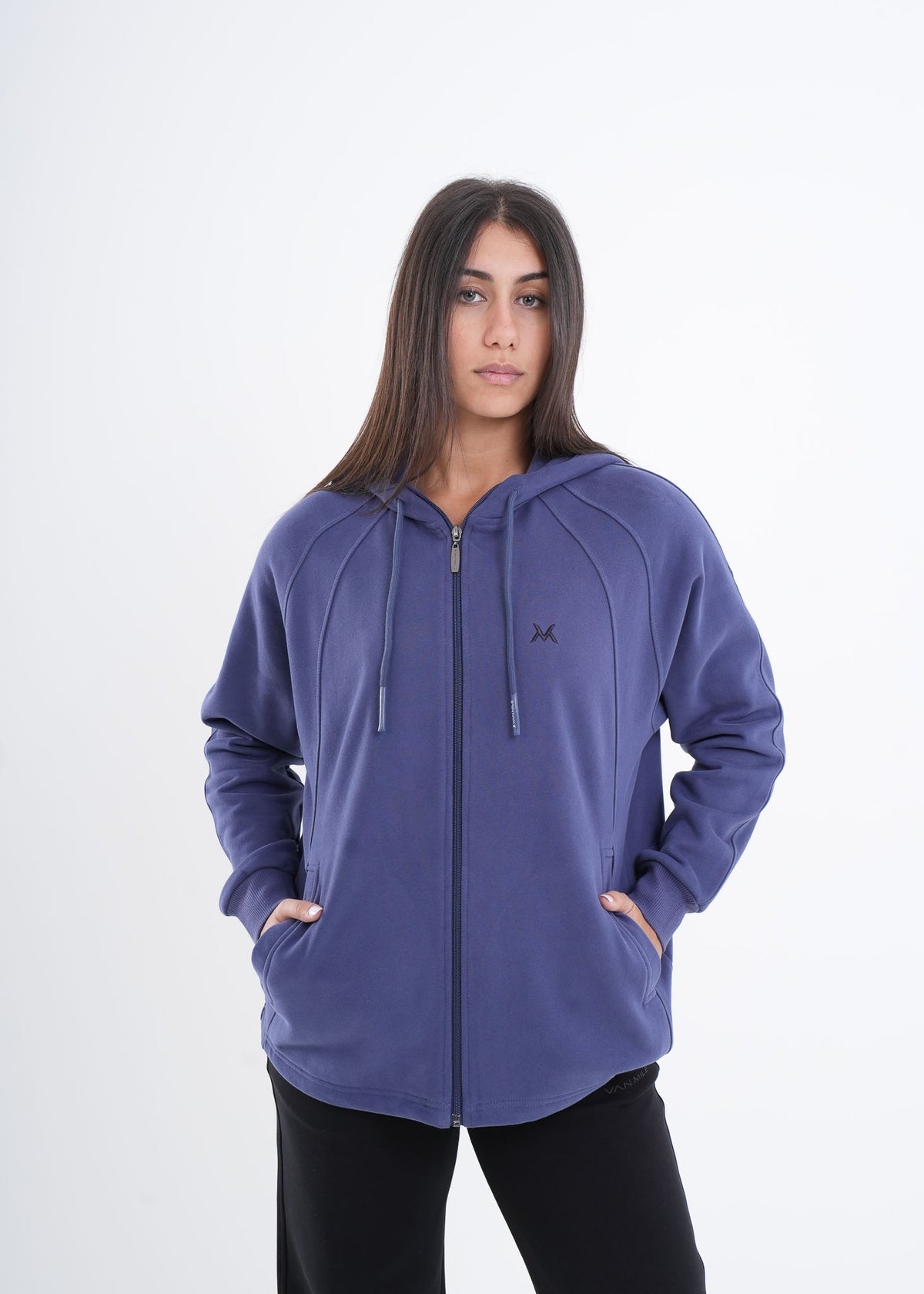 Women's VAN MILE VNML Zip Through Hoodie in Galaxy Blue – front view, zipped