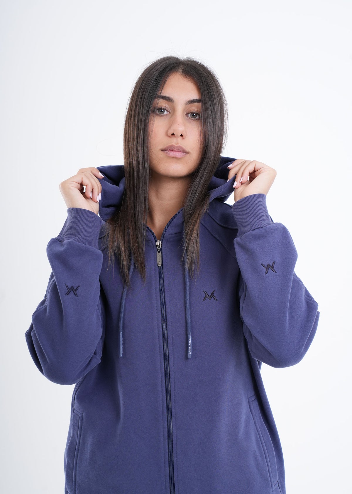 Women's VAN MILE VNML Zip Through Hoodie in Galaxy Blue – front view, holding the hood