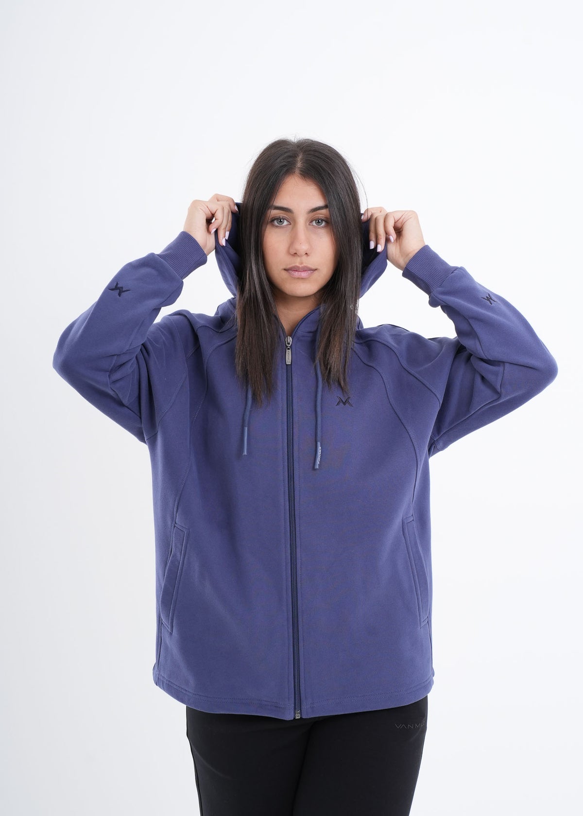 Women's VAN MILE VNML Zip Through Hoodie in Galaxy Blue – front view, hood up