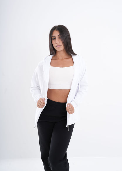 Women's VAN MILE VNML Zip Through Hoodie in White – front view, worn open