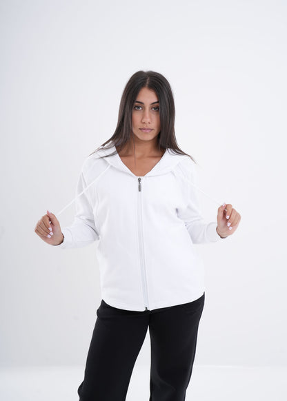 Women's VAN MILE VNML Zip Through Hoodie in White – front view, holding the drawcords
