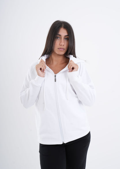 Women's VAN MILE VNML Zip Through Hoodie in White – front view, holding the hood