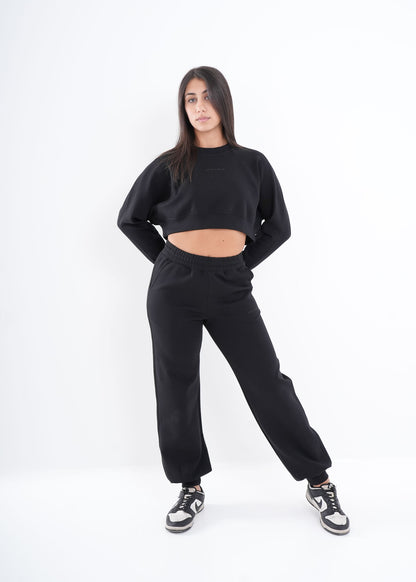 Women's VAN MILE VNML Two-Piece Crop Set in Black – full-length front view, hands on hips