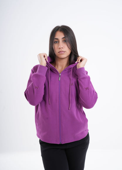 Women's VAN MILE VNML Zip Through Hoodie in Orchid – front view, holding the hood