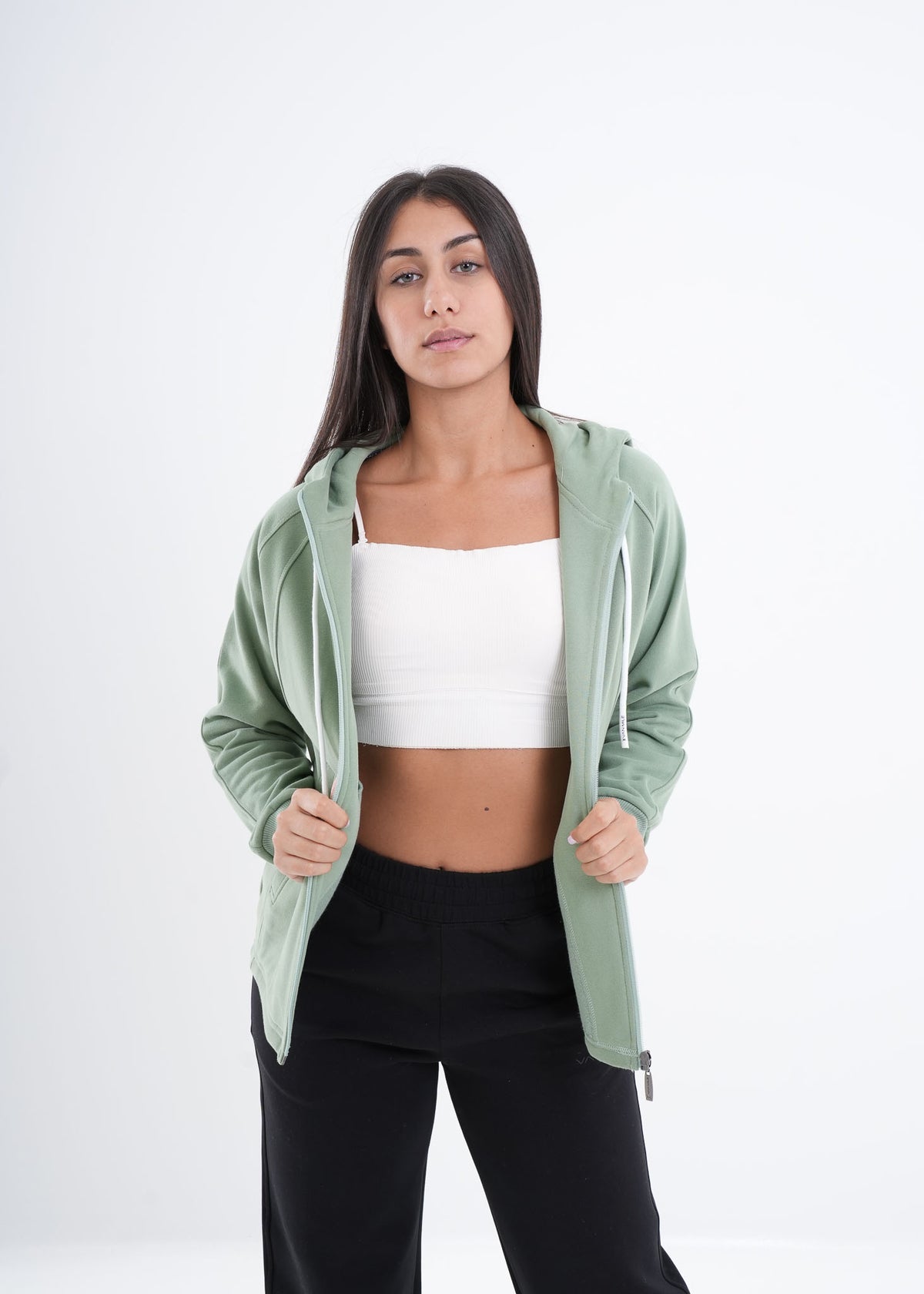 Women's VAN MILE VNML Zip Through Hoodie in Mint Green – front view, worn open over a white crop top
