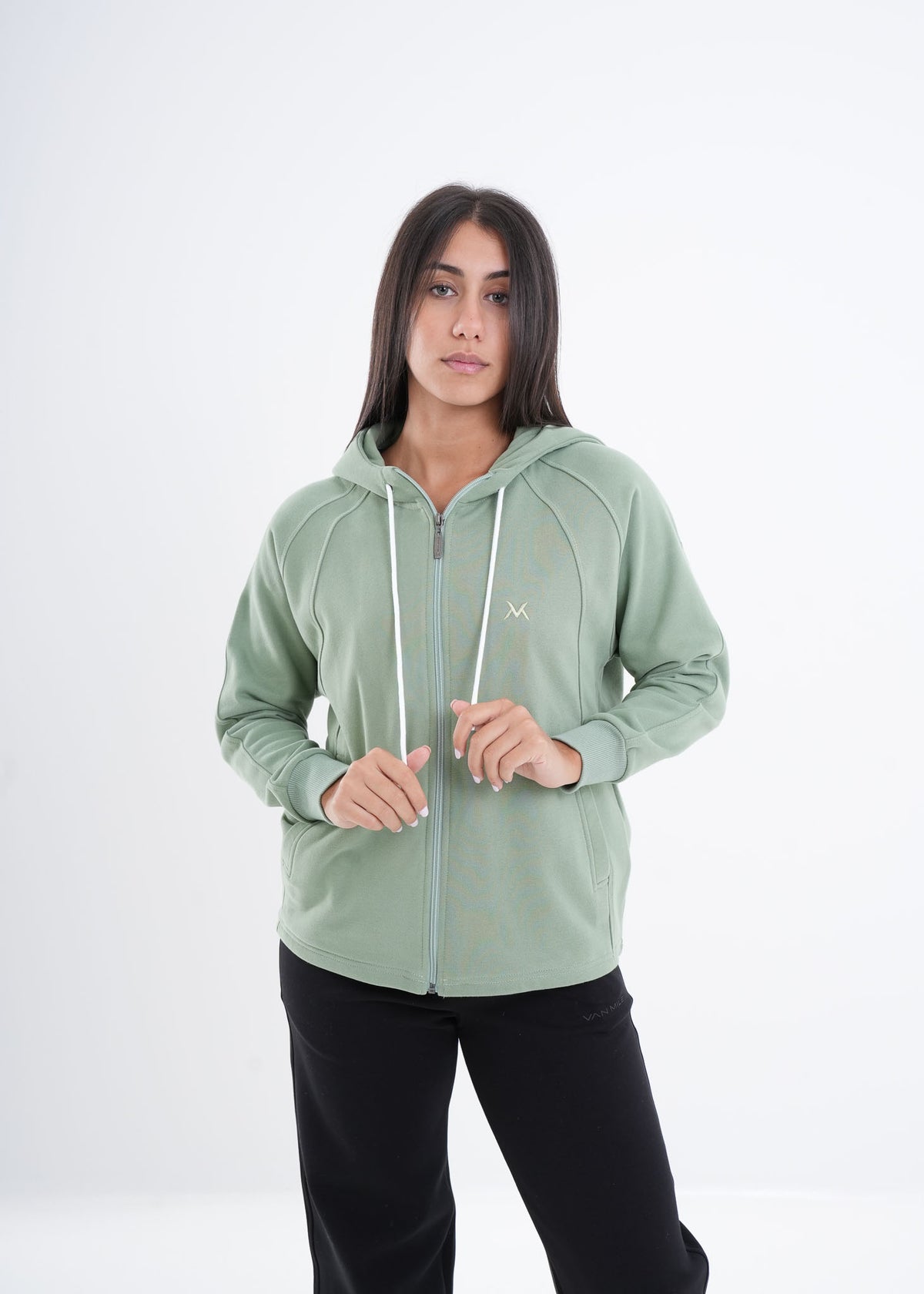 Women's VAN MILE VNML Zip Through Hoodie in Mint Green – front view, zipped