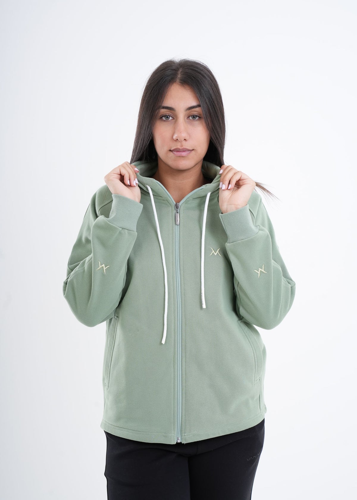 Women's VAN MILE VNML Zip Through Hoodie in Mint Green – front view, waist up