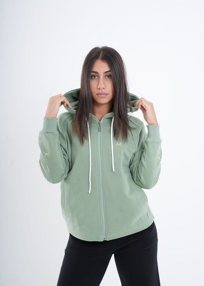 Women's VAN MILE VNML Zip Through Hoodie in Mint Green – front view, holding the hood