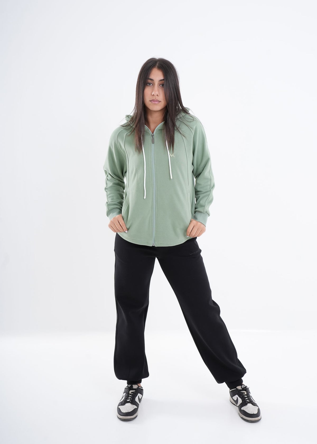 Women's VAN MILE VNML Zip Through Hoodie in Mint Green – full-length front view