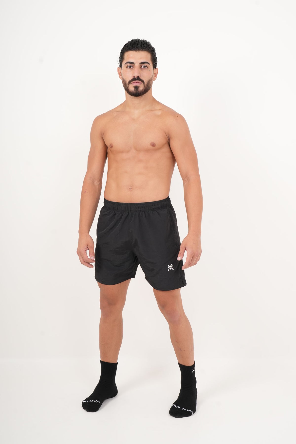 Men's VAN MILE HYDROFLEX Swim Short in Black – full-length front view