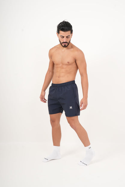 Men's VAN MILE HYDROFLEX Swim Short in Navy – angled full-length view