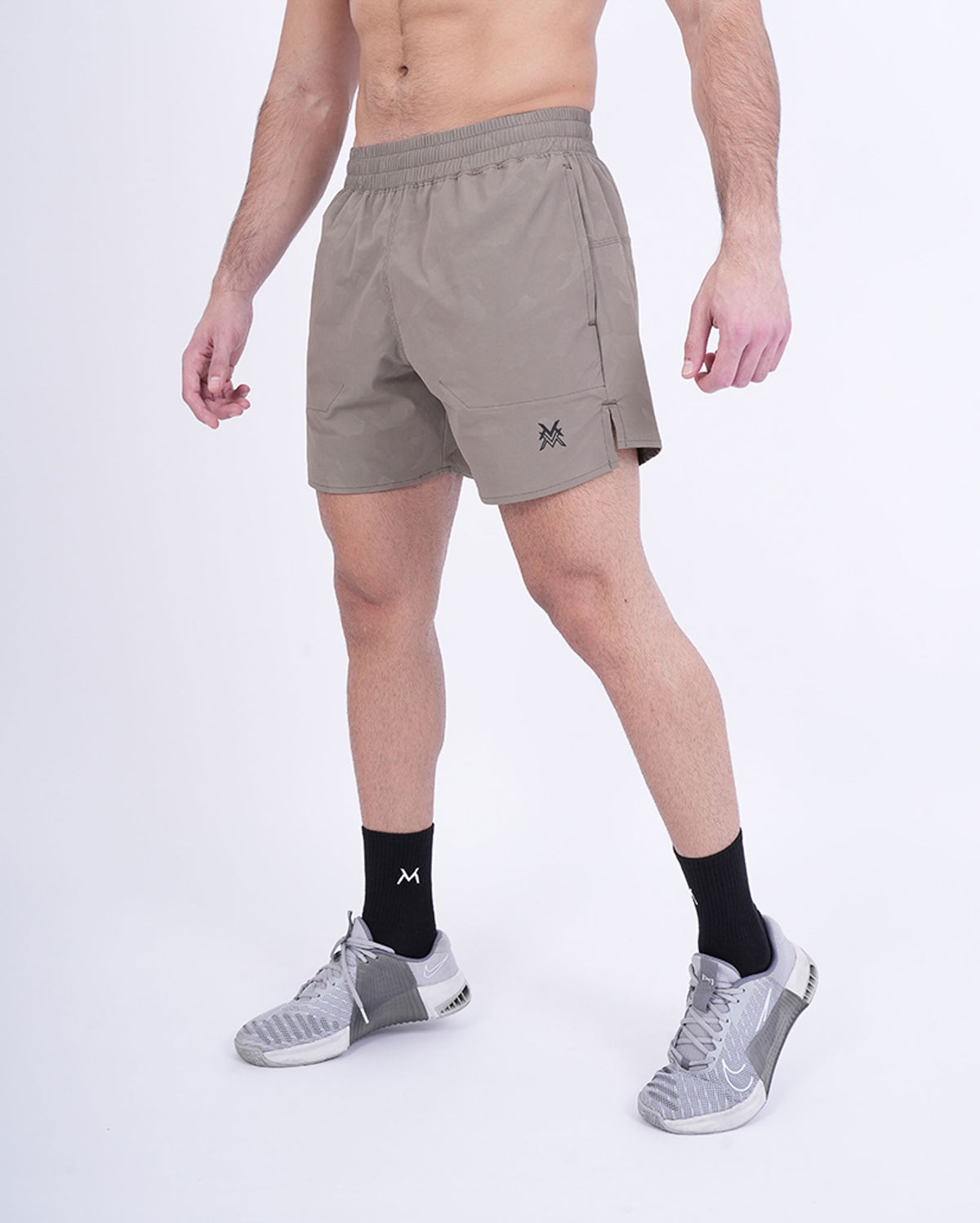 Men's VAN MILE Revive Shorts in Camo Beige – angled front view