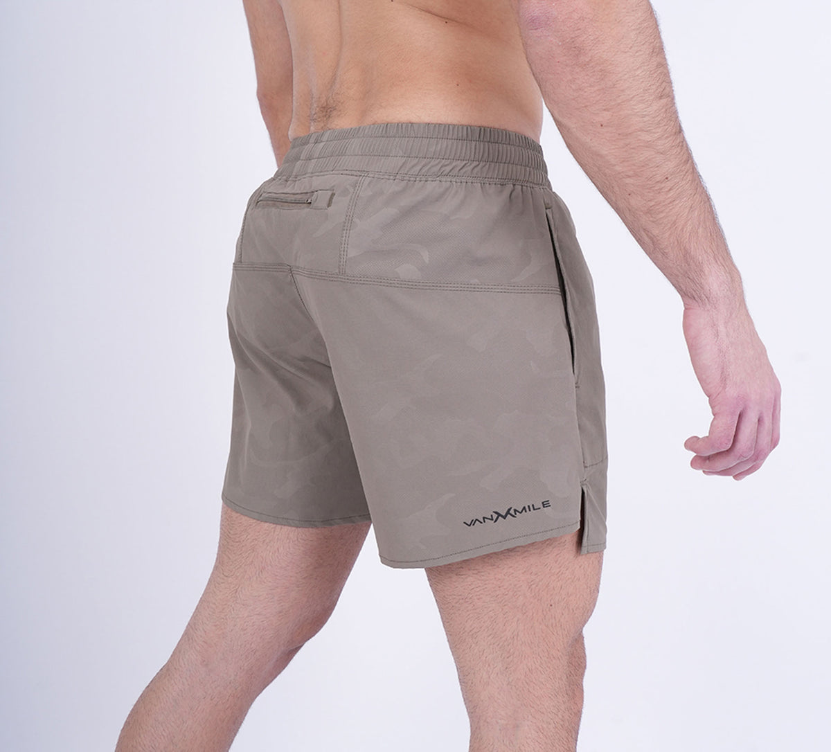 Men's VAN MILE Revive Shorts in Camo Beige – side view from behind