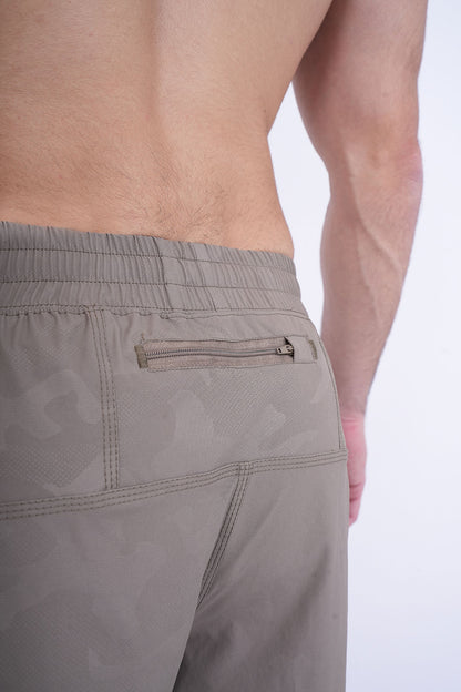 Men's VAN MILE Revive Shorts in Camo Beige – back zip pocket detail