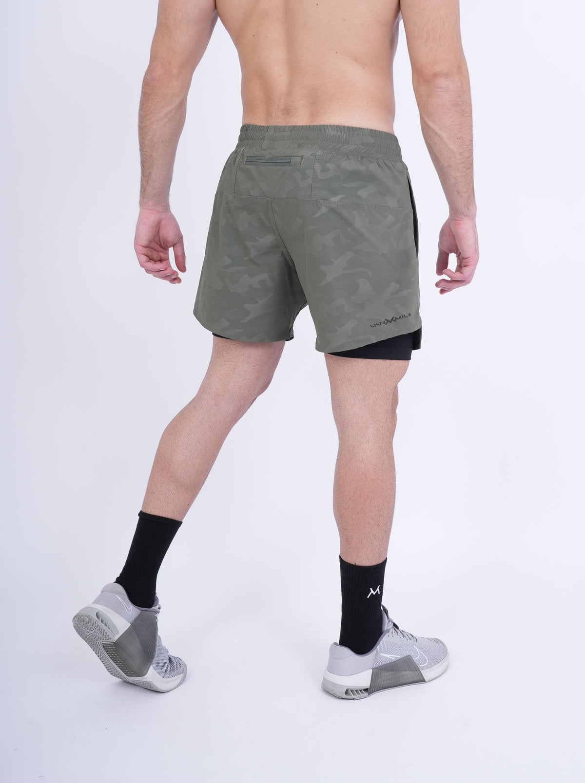 Men's VAN MILE Revive Compression Shorts in Camo Olive Green – back view