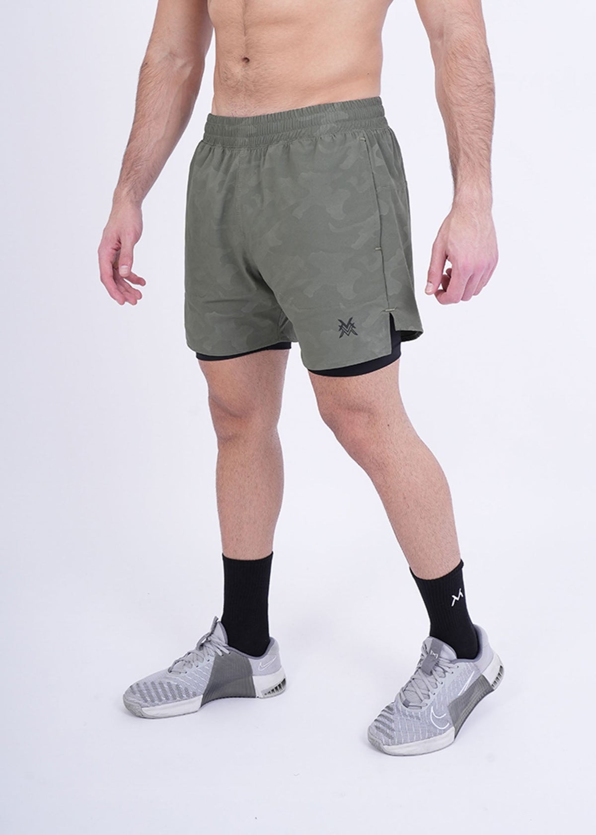 Men's VAN MILE Revive Compression Shorts in Camo Olive Green – front view