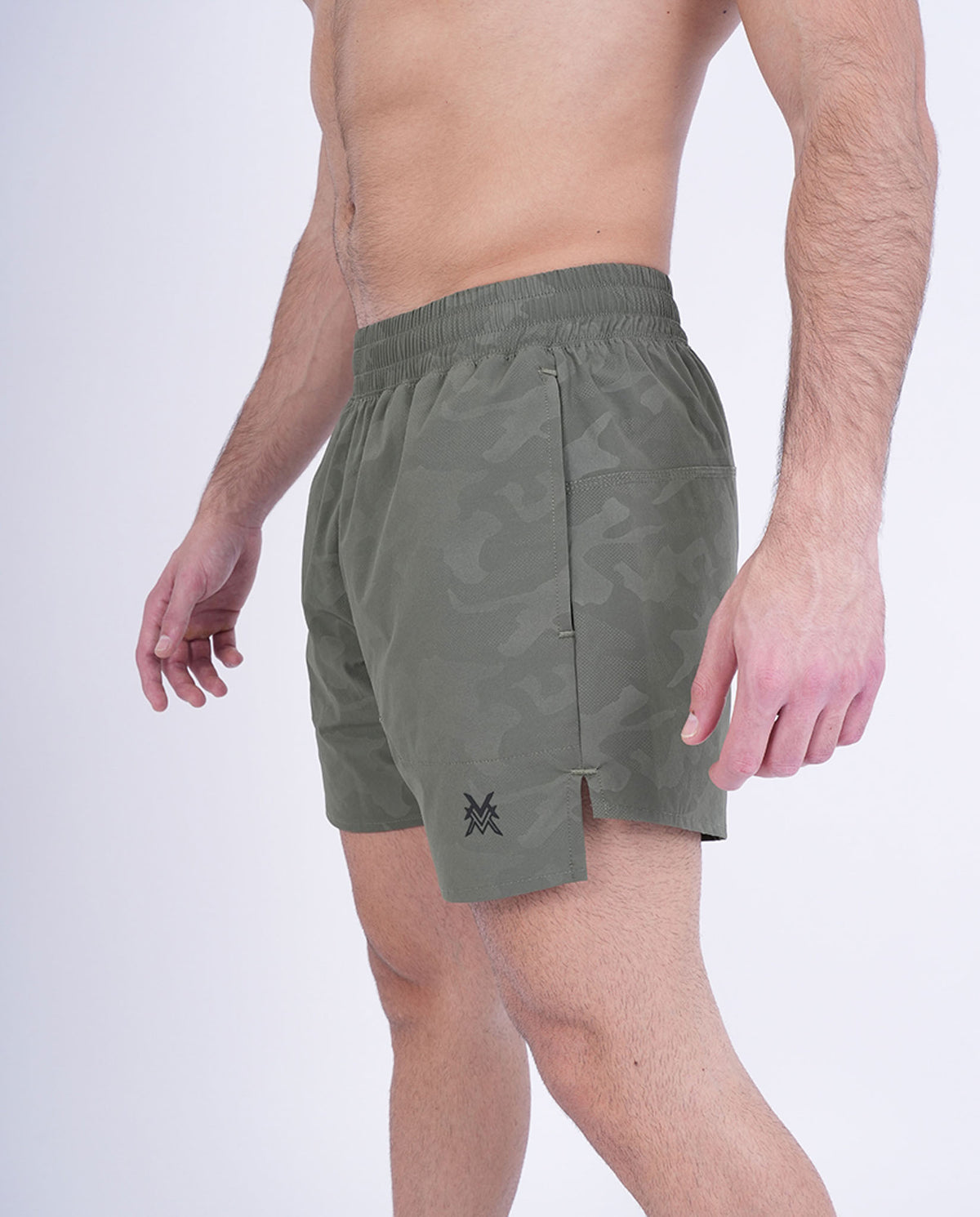Men's VAN MILE Revive Shorts in Camo Olive Green – side view