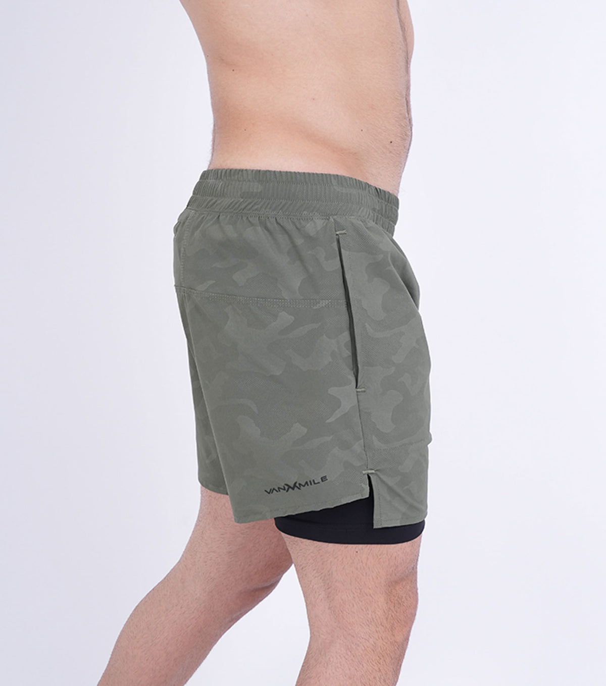 Men's VAN MILE Revive Compression Shorts in Camo Olive Green – side view from behind