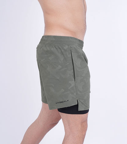 Men's VAN MILE Revive Compression Shorts in Camo Olive Green – side view from behind