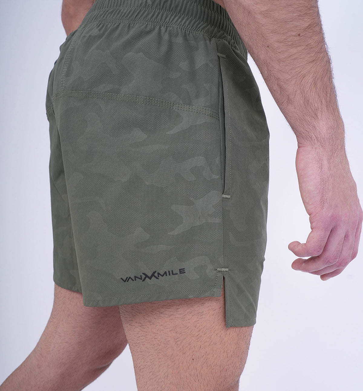 Men's VAN MILE Revive Shorts in Camo Olive Green – detail view