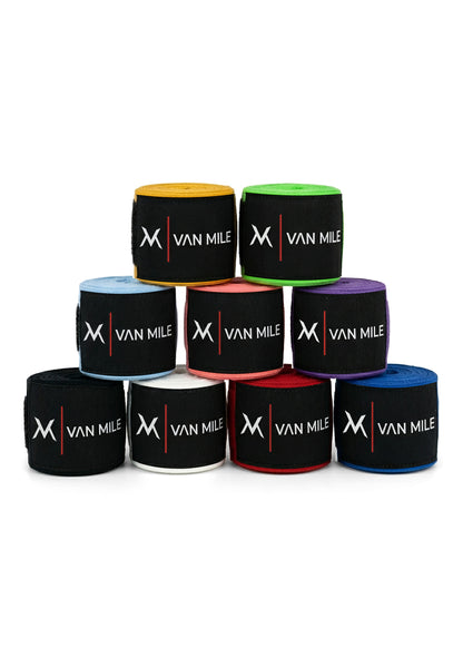 VAN MILE 4m hand wraps in all nine colours: black, white, red, blue, baby blue, pink, purple, yellow and green