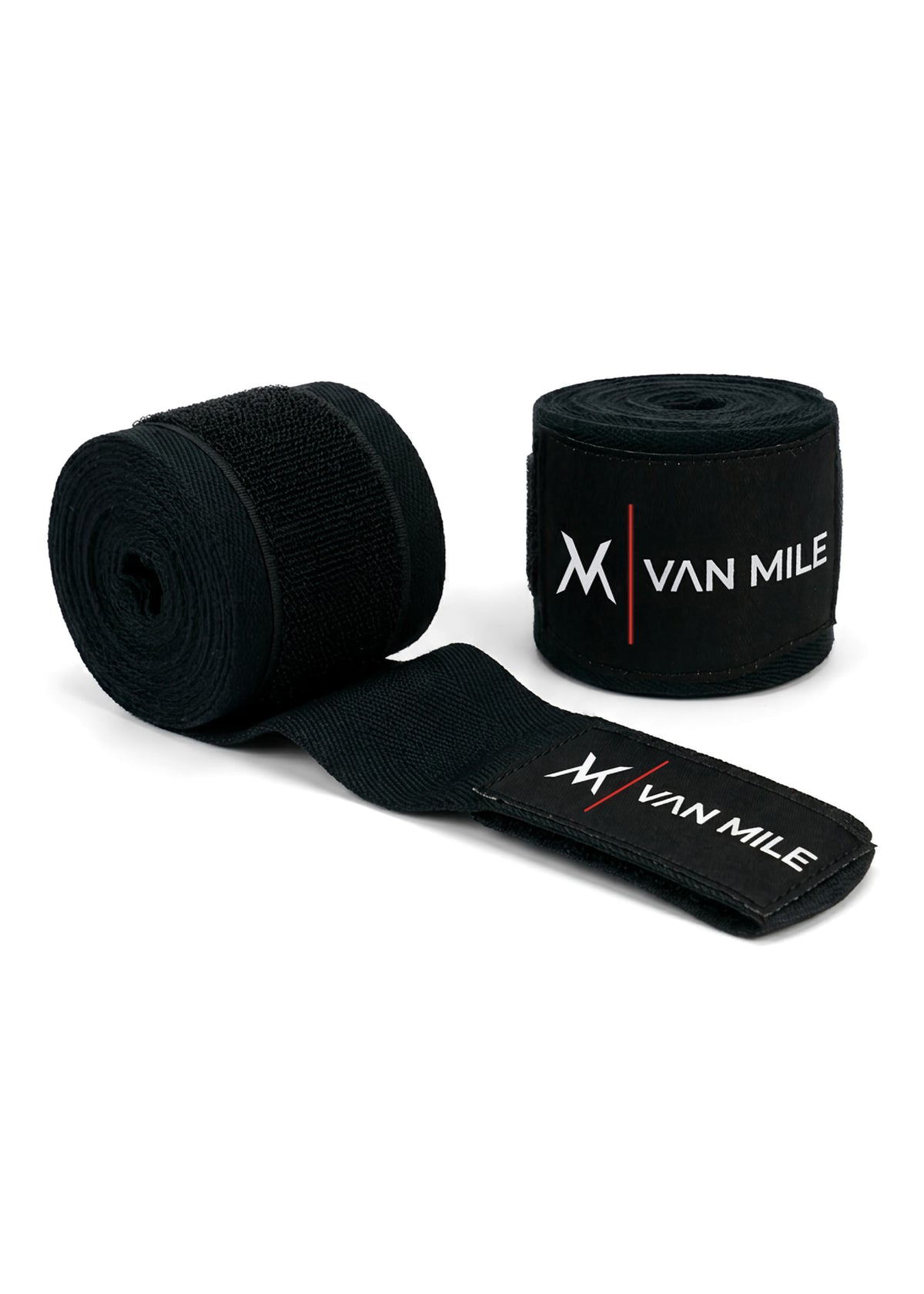 A pair of black VAN MILE 4m hand wraps, one rolled and one partly unrolled to show the closure strap with the VAN MILE label