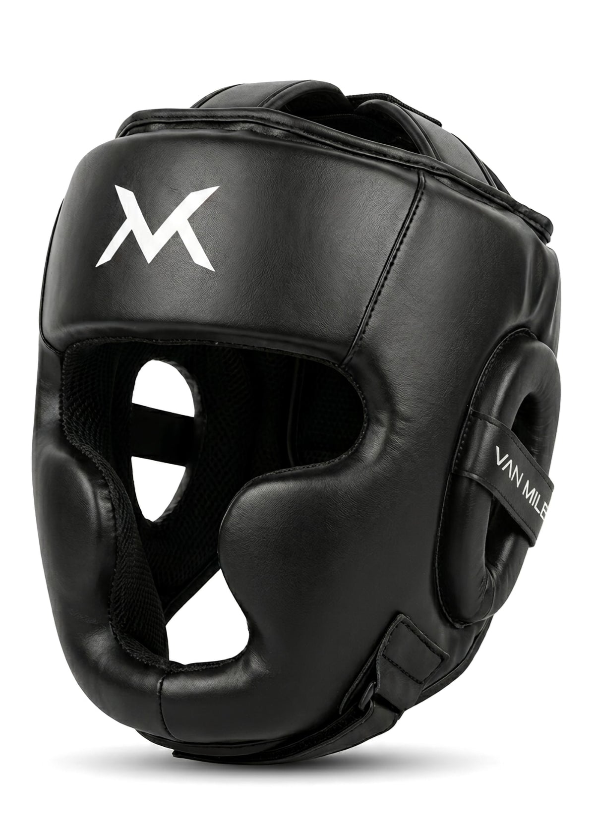VAN MILE Boxing Headgear in Black – front three-quarter view