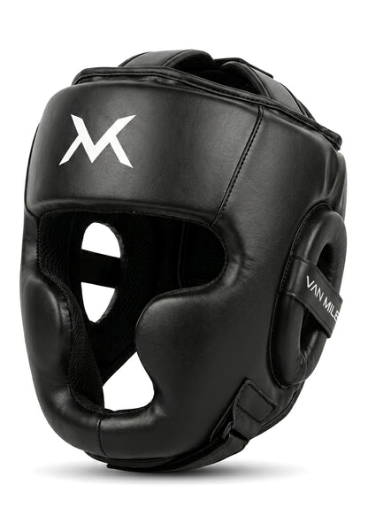 VAN MILE Boxing Headgear in Black – front three-quarter view