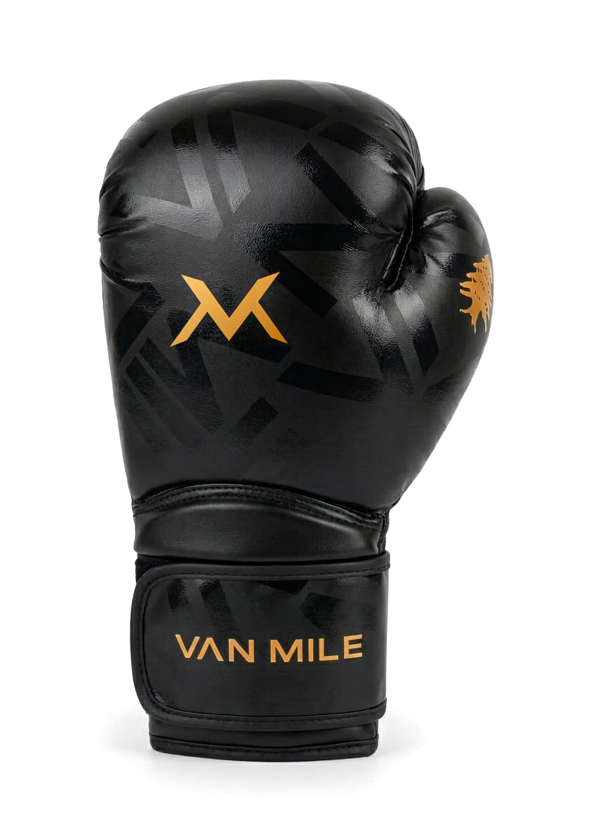 VAN MILE Monogram Boxing Gloves in Black & Gold – single glove, three-quarter view