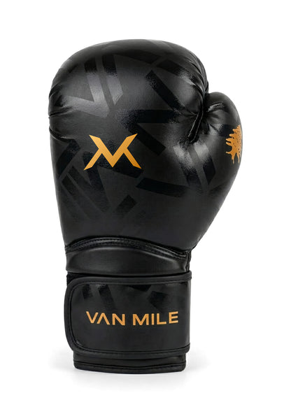 VAN MILE Monogram Boxing Gloves in Black & Gold – single glove, three-quarter view