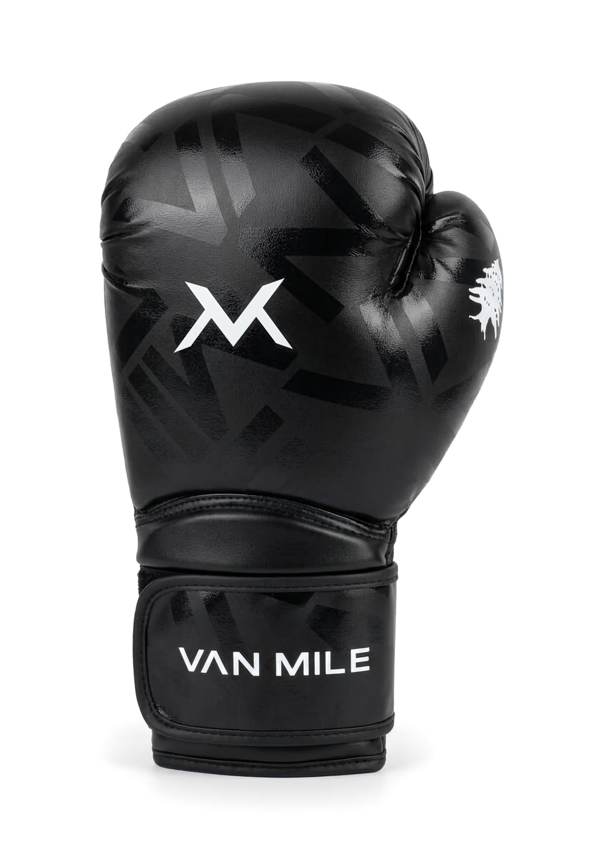 VAN MILE Monogram Boxing Gloves in Black & White – single glove, three-quarter view